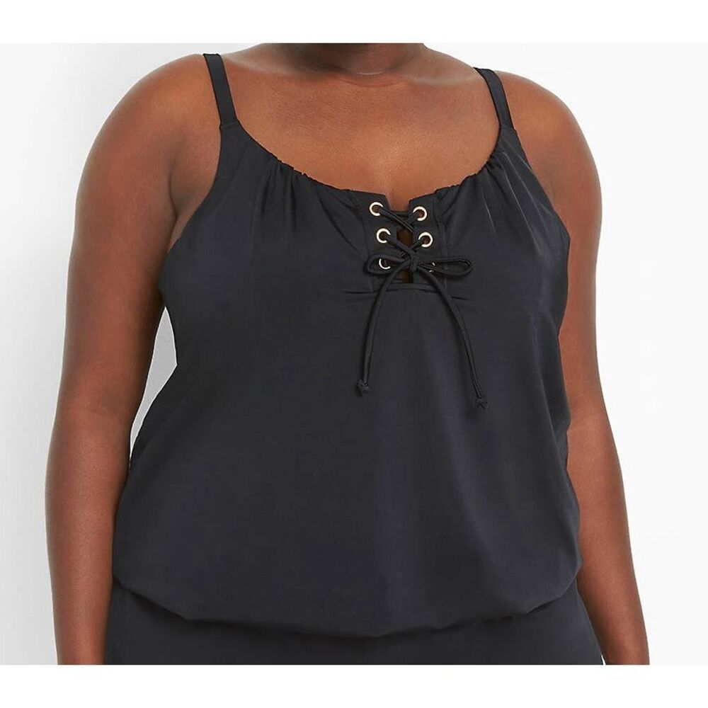 Cacique Tankini Top Women’s 14 Black No-Wire Lace-Up Blouson Swim